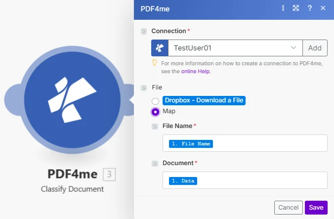 Haz clic para ampliar Haga que el módulo PDF4me Classify Document muestre la conexión establecida en Mi conexión PDF4me, el nombre del archivo asignado desde el nombre del archivo del paso 1 y el documento asignado desde los datos del paso 1.